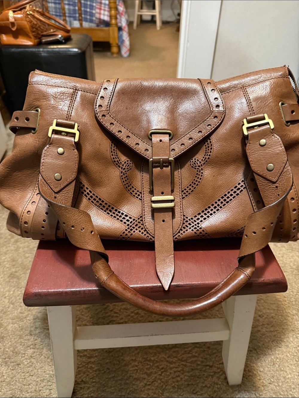 Cole Haan Brown Perforated Leather Satchel Handbag